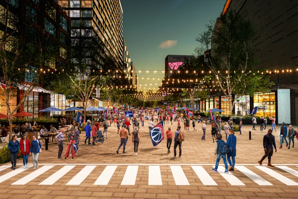 Rendering of promenade in Potomac Yard in Alexandria, Virginia with Virginia Tech logo on building in background.